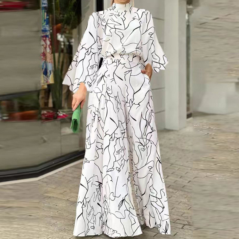 Women Autumn Winter Abstract Print Elegant Loose Pocket Wide-Leg Playsuit Jumpsuit