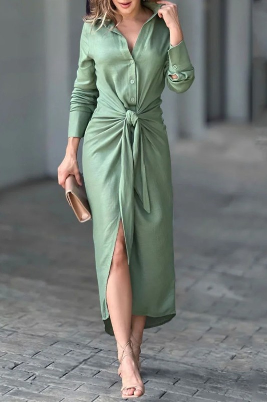Women's Long Sleeve Lapel V Neck Lace Up Elegant Solid High Split Midi Dresses