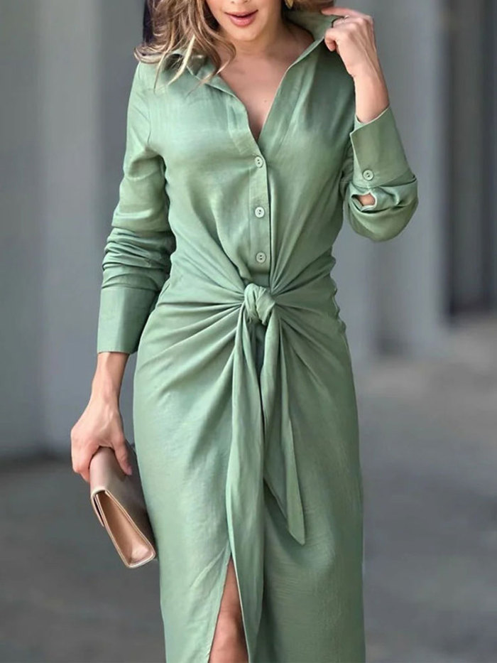 Women's Long Sleeve Lapel V Neck Lace Up Elegant Solid High Split Midi Dresses