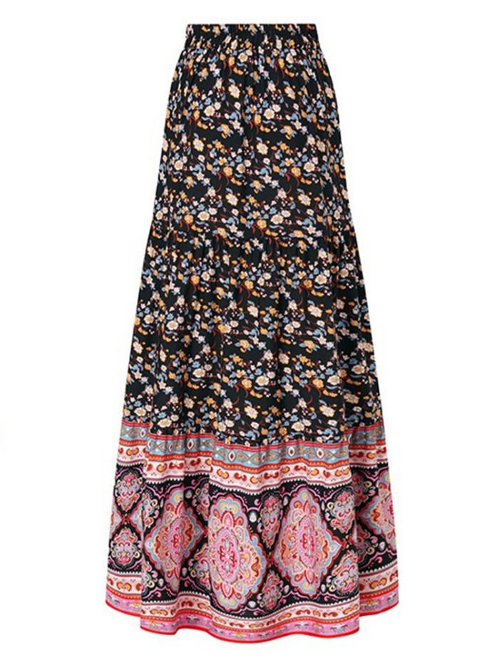 Women Vintage Floral Print Bandage Pleated Elegant Loose High Waist A-Line Boho Maxi Skirt
