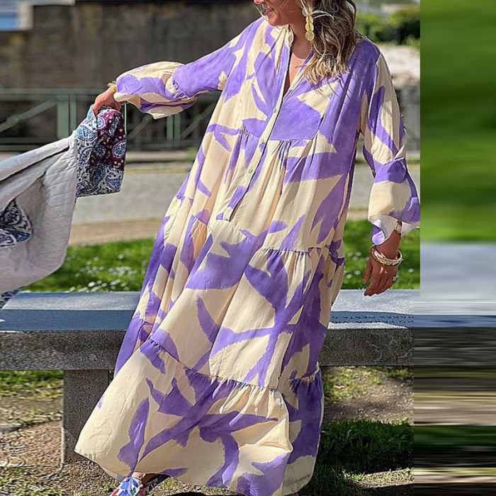 Women Purple Print V-Neck Pleated Flare Sleeves Swing Casual Loose Dress