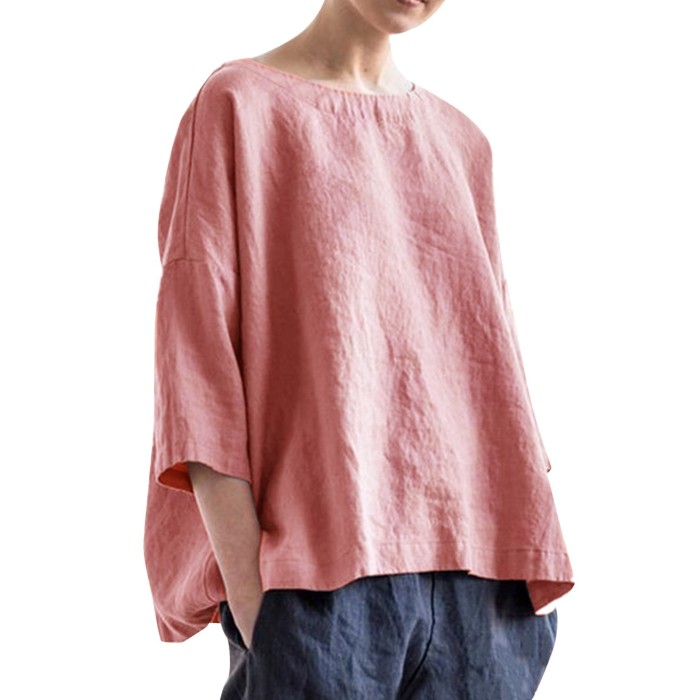 Cotton Linen Crewneck Women's Pullover Vintage Loose Casual Blouses & Shirts