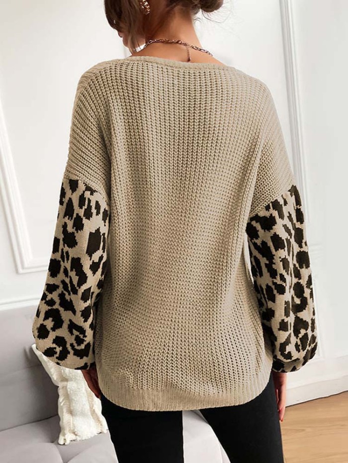 Women  Autumn Winter Leopard Pullover Loose V Neck  Thick Knitted Sweater