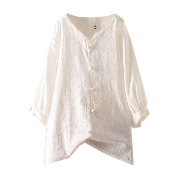 Vintage Cotton Linen Elegant Long Sleeve V Neck Casual Blouses & Shirts
