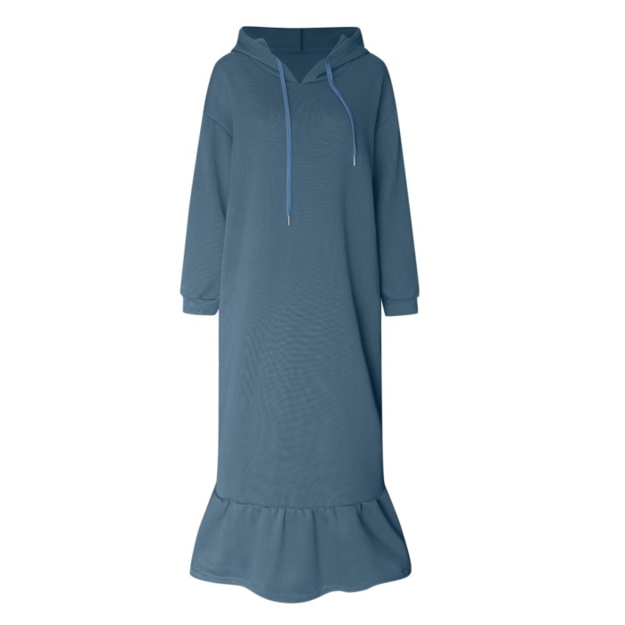 2023 New Fashion Hooded Sweatshirts Dress Women Casual Solid Long Sleeve Maxi Dresses