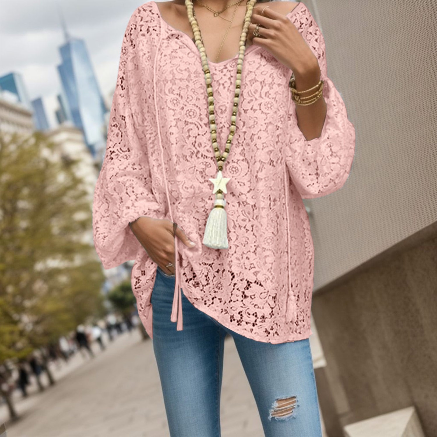 Sexy Boho V-Neckline Long Sleeve Lace Blouses Tops main image 1