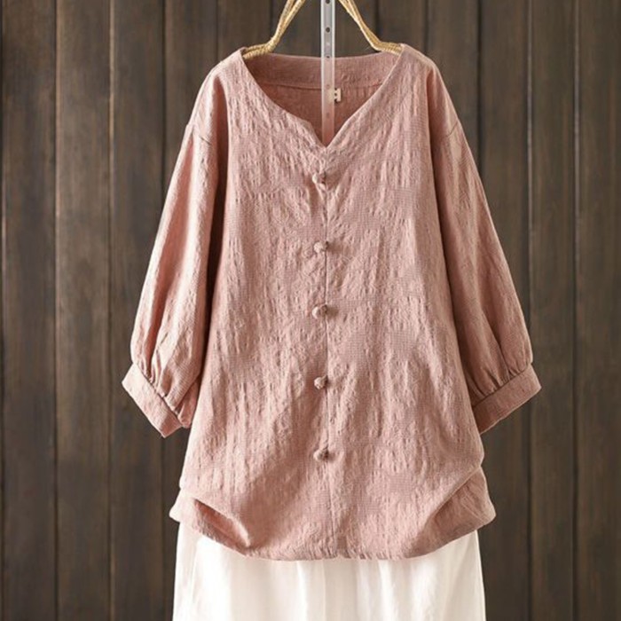 Vintage Cotton Linen Elegant Long Sleeve V Neck Casual Blouses & Shirts