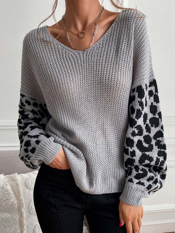 Women  Autumn Winter Leopard Pullover Loose V Neck  Thick Knitted Sweater