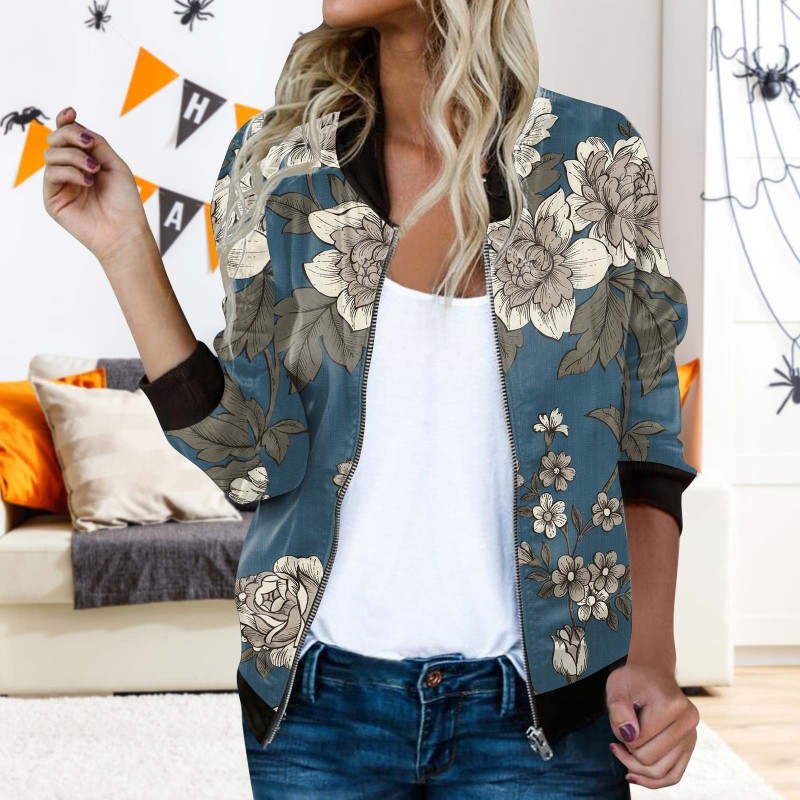 Women's Floral Print Zipper Aviator Casual Pocket Slim Fit Oversized Jacket