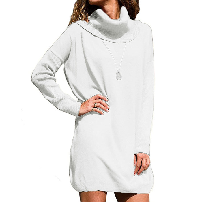 Turtleneck Long Sleeve Sweater Dress Winter Warm White Knitted Dresses