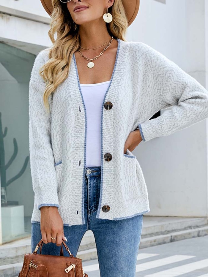 2023 Autumn Winter Button Up Cardigan Knitted Pocket Thick Warm V Neck Sweater Cardigan