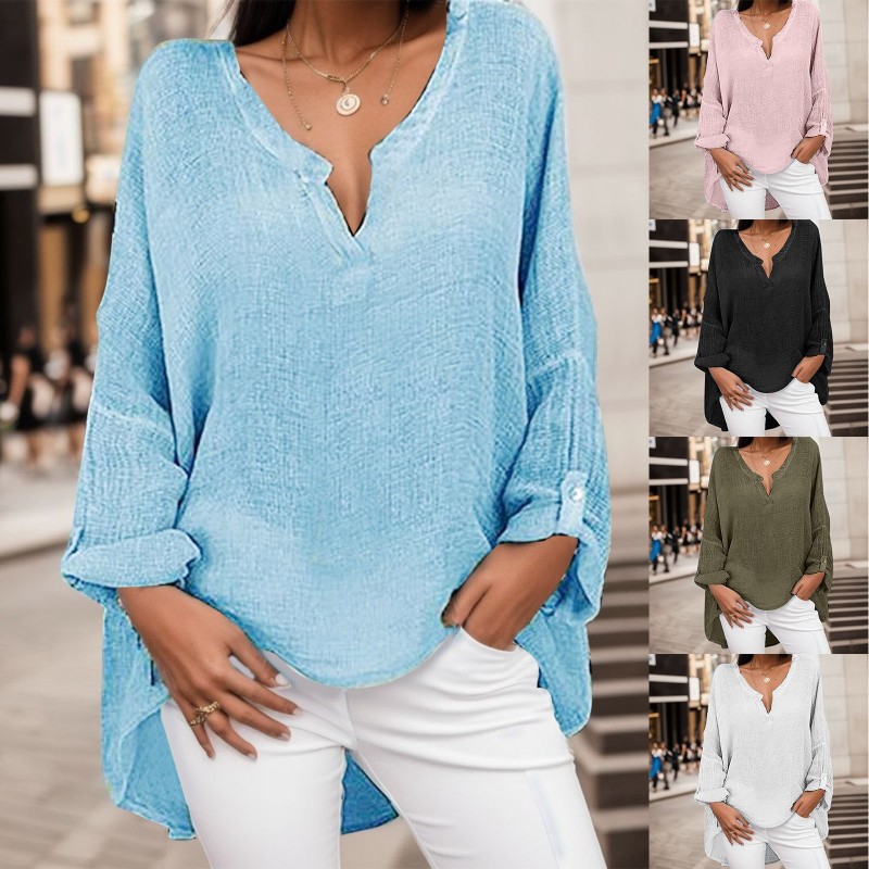 Fashion Oversized Cotton Linen Long Sleeve V Neck Loose Casual Blouses & Shirts