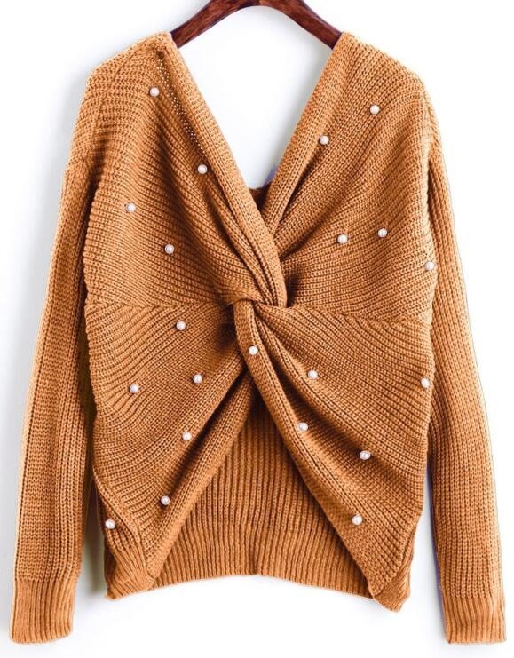 Back Criss Cross Beading Knitted SweaterElegant Warm Pullovers Jumper Knitwear