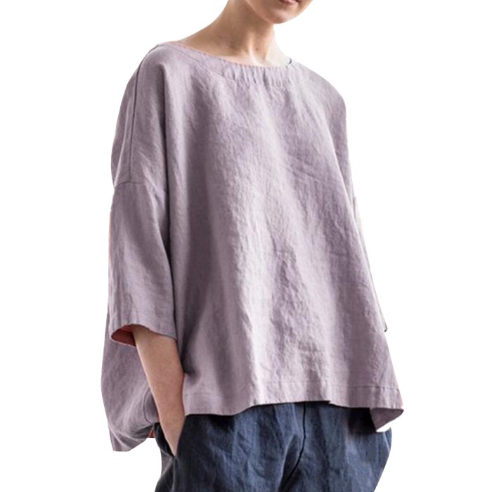 Cotton Linen Crewneck Women's Pullover Vintage Loose Casual Blouses & Shirts