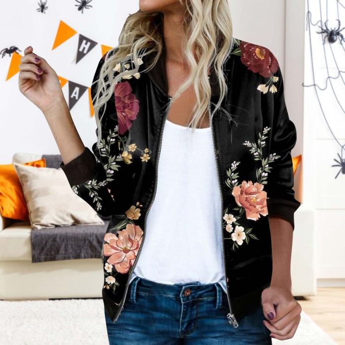 Women's Floral Print Zipper Aviator Casual Pocket Slim Fit Oversized Jacket