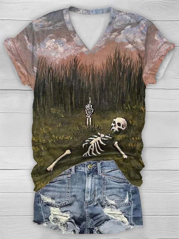 Women's Vintage Skull Art Short Sleeve V Neck T-Shirt