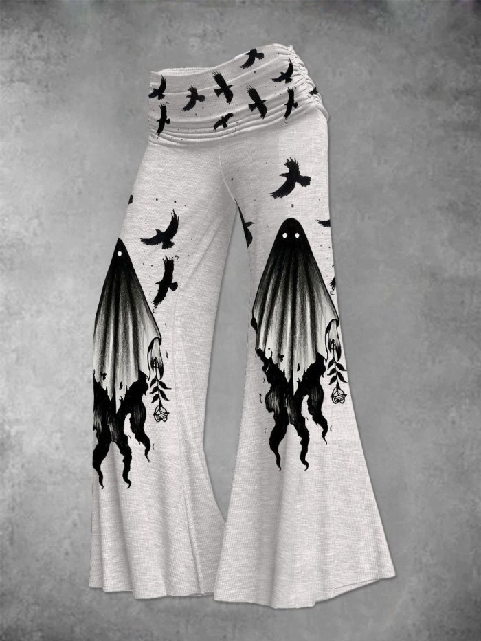 Women's Casual Ghost Print Foldover Elastic Waist Loose Pants