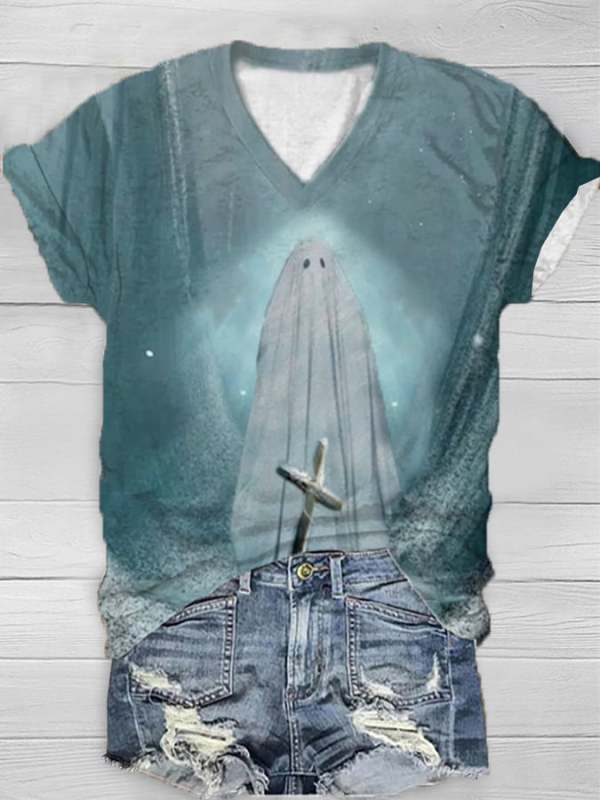 Women's Ghost Art Printed V-Neck Casual T-Shirt