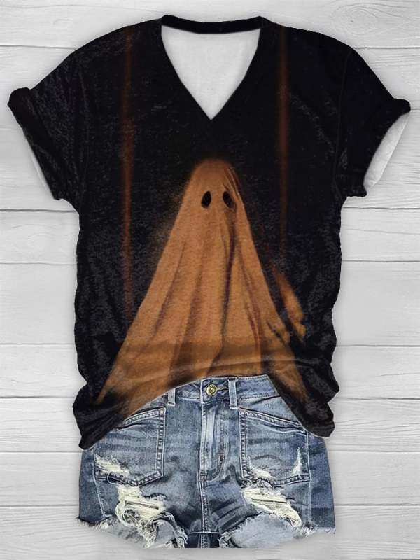 Women's Vintage Ghost Art Short Sleeve V Neck T-Shirt