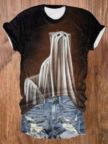 Retro Gradient Ghost Cat Print T-Shirt