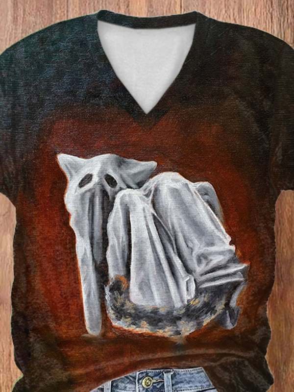 V-neck Retro Ghost Cat Oil Painting Print T-Shirt