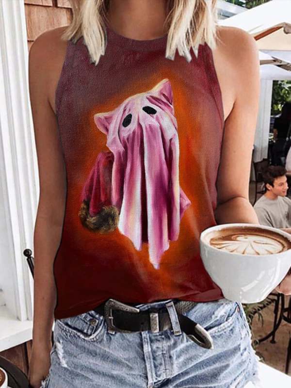 Vintage Ghost Cat Oil Painting Print Tank Top