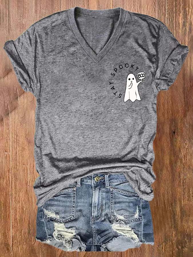 V-neck Retro Stay Spooky Print T-Shirt