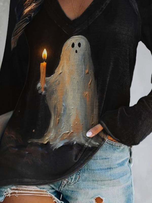 Retro Ghost Painting Candle Print T-Shirt