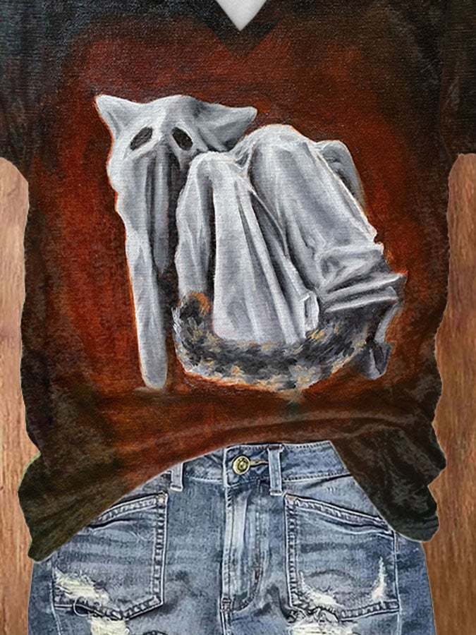 V-neck Retro Ghost Cat Oil Painting Print T-Shirt