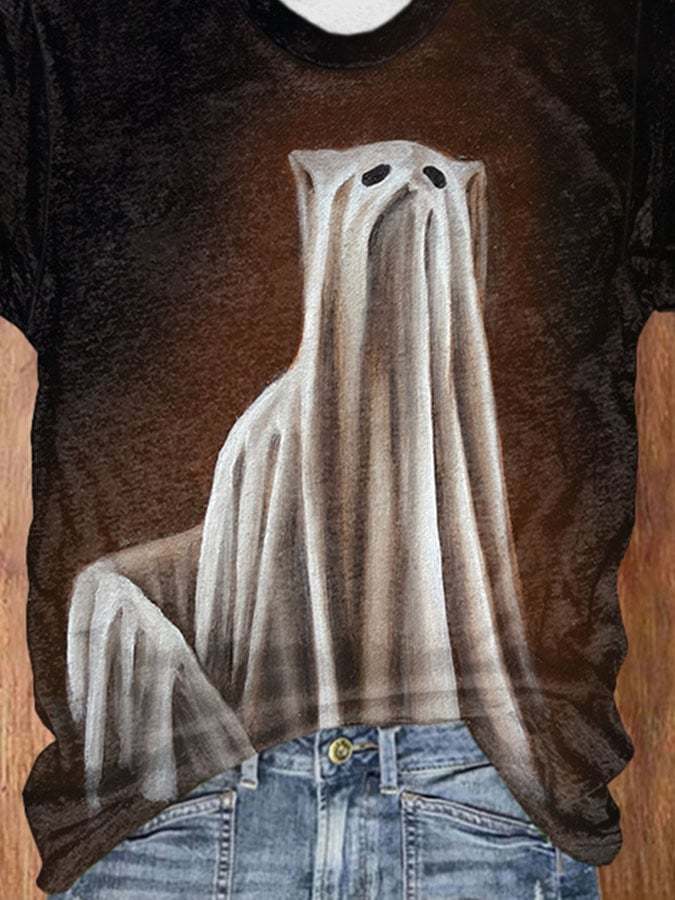 Retro Gradient Ghost Cat Print T-Shirt