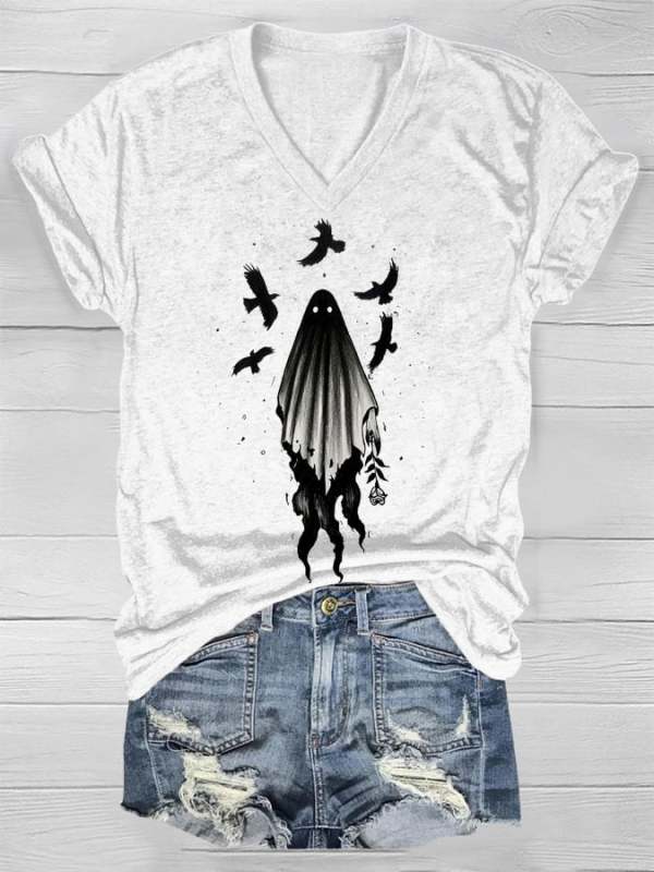 Women's Ghost Print V-neck T-Shirt