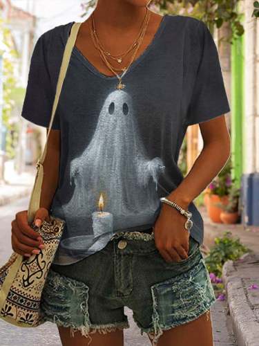 Women's Ghost by Candlelight Printed V-Neck Casual T-Shirt