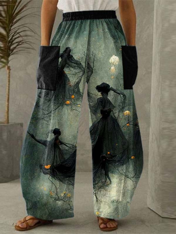 Women's Dancing Forest Witches Print Patch Pocket Wide Leg Pants