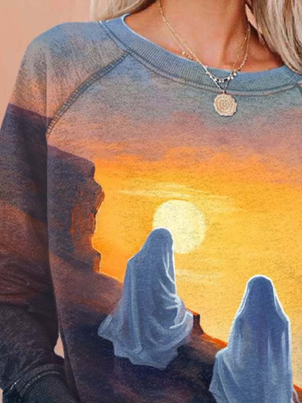Retro Ghost Watching Sunset Print Sweatshirt