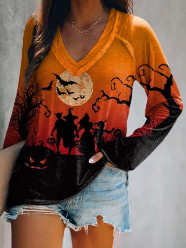 Halloween Bats Print V-neck  Long Sleeve Casual T-Shirt