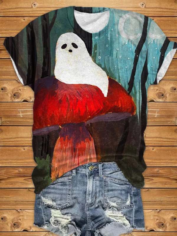 Women's Ghost Mushroom Print Short Sleeve T-Shirt