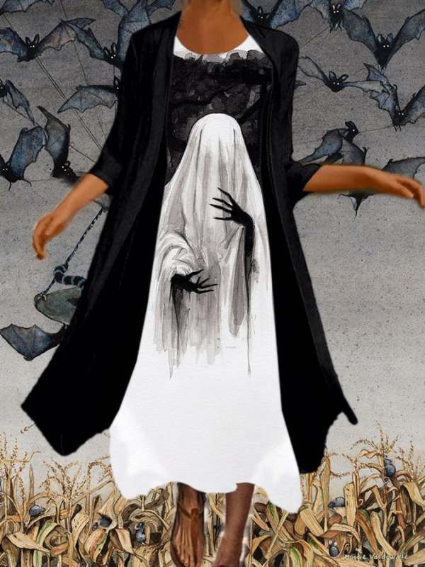 Women's Casual Ghost Art Print Two-Piece Dress