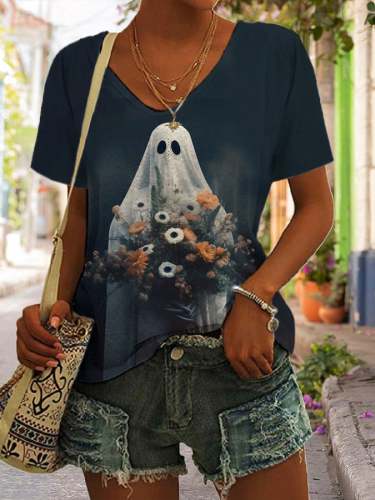 Women's Ghost Art Printed V-Neck Casual T-Shirt