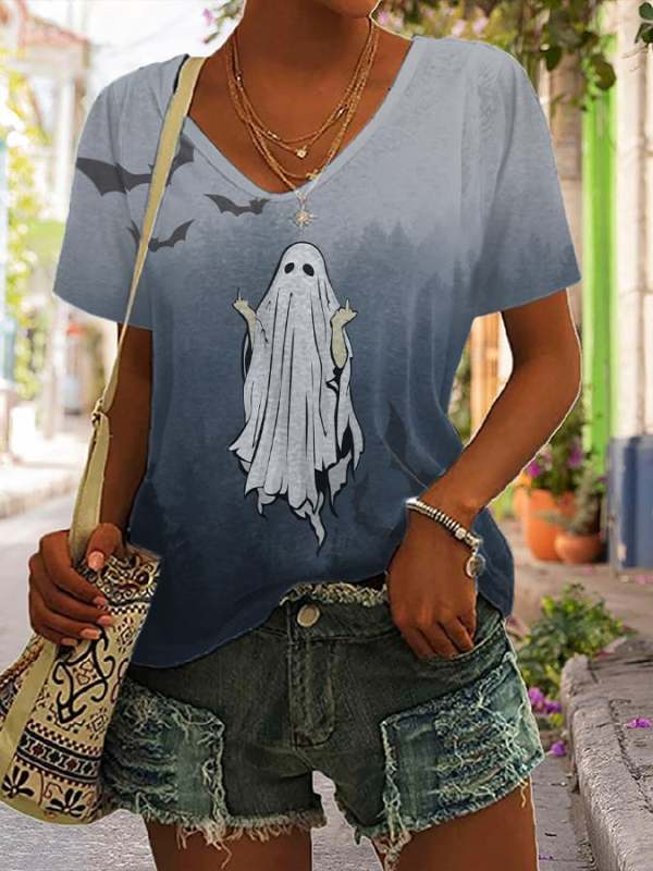 Women's Casual Ghost Art Printed Short Sleeve T-Shirt