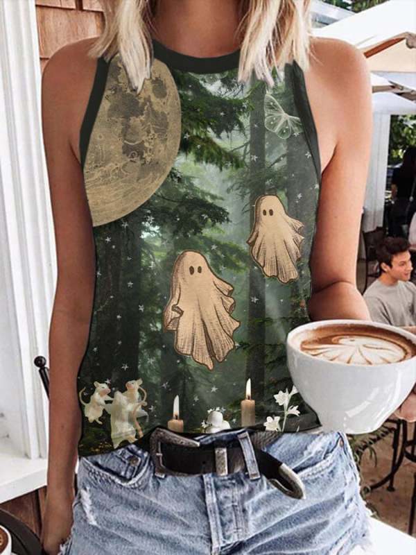 Women's Casual Ghost Art Print Sleeveless Tank Top