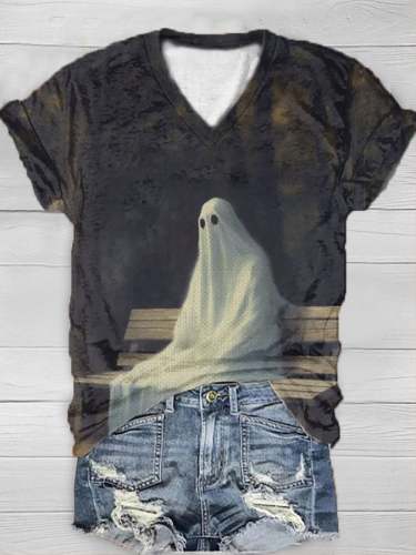 Women's Ghost Printed V-Neck Casual T-Shirt