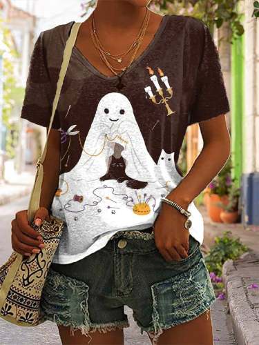 Women's Halloween Ghost Print V-Neck Tee