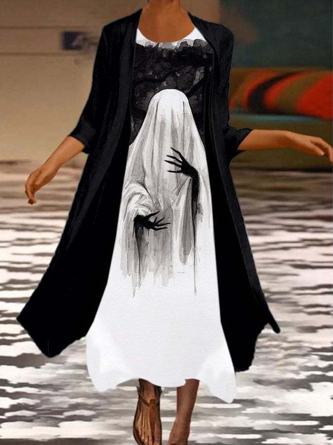 Women's Casual Ghost Art Print Two-Piece Dress