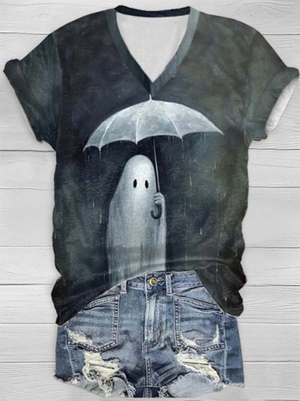 Women's Casual Ghost Art Printed Short Sleeve T-Shirt