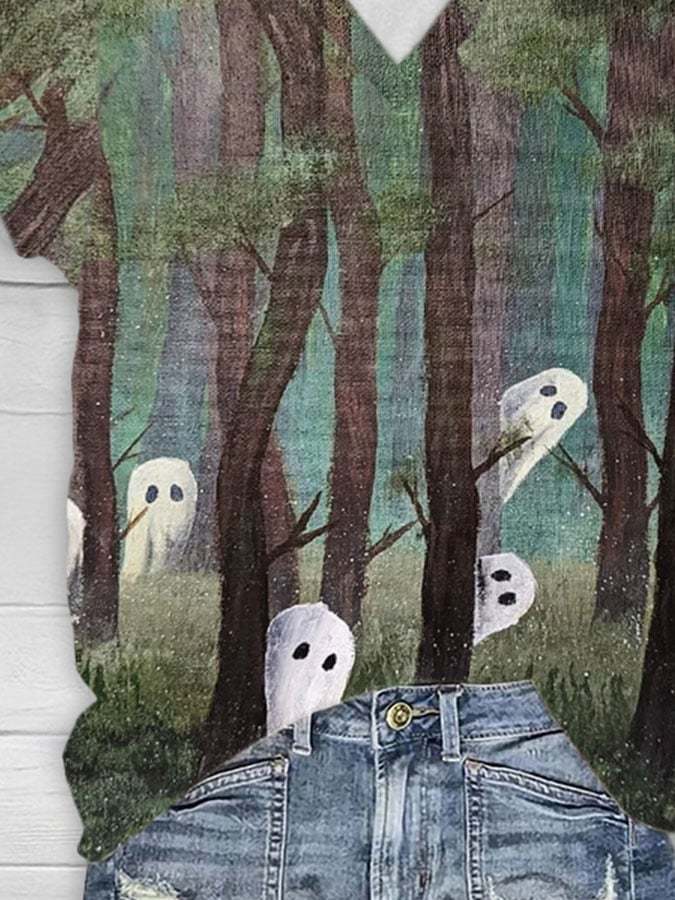 Women's Casual Ghost Art Print Short Sleeve T-Shirt