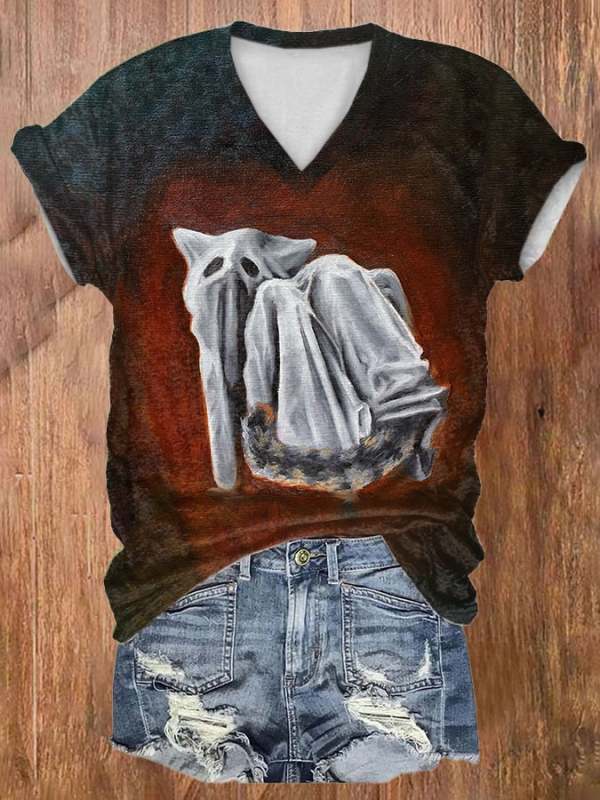 V-neck Retro Ghost Cat Oil Painting Print T-Shirt