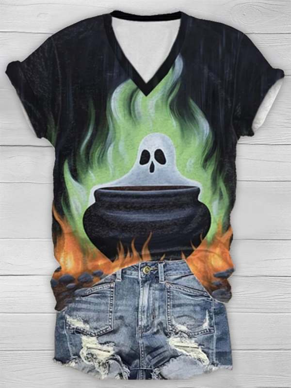 Women's Casual Ghost Art Printed Short Sleeve T-Shirt