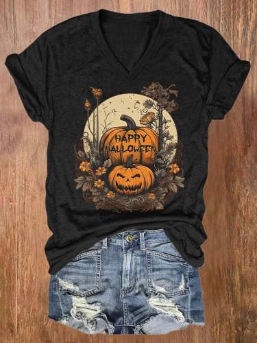 Women's Casual Happy Halloween Jack O'Lantern Floral Pumpkin Printed Short Sleeve T-Shirt