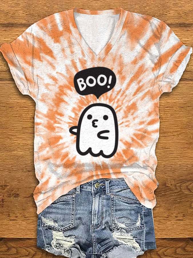 Women's Ghost Tie Dye Print V-Neck Tee