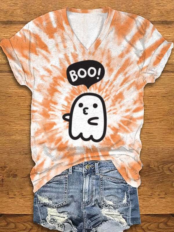 Women's Ghost Tie Dye Print V-Neck Tee